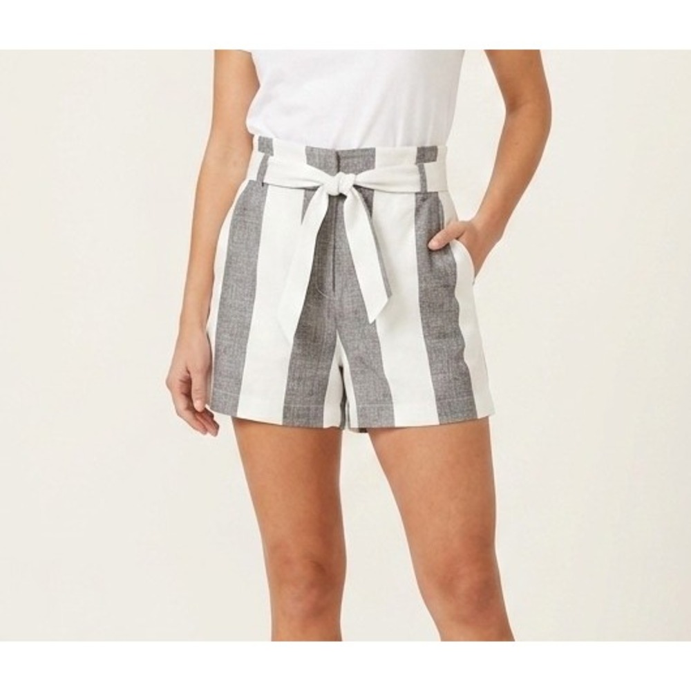 New York & Company 8 Madie Shorts Striped Paperbag High‎ Waist Shorts Grey White